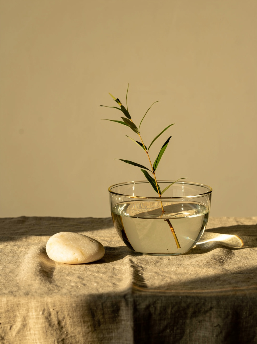 A clear water bowl, pale stone, linen, and a green stem in golden light