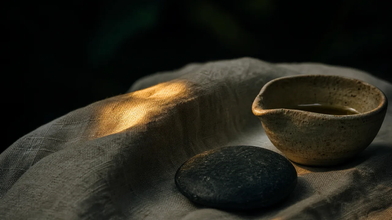 Natural linen, a smooth stone, and a ceramic oil vessel in low golden light